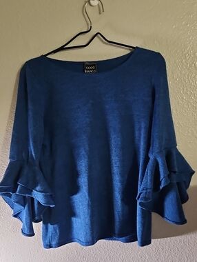 Coco Bianco Royal Blue Tiered Ruffle Sleeve Top Knit Blouse Comfort Stretch M